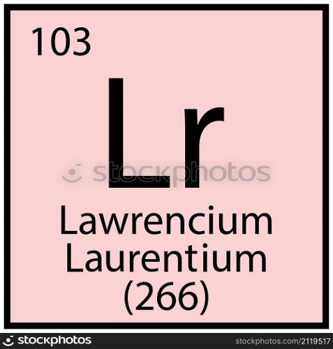Lawrencium chemical icon. Mendeleev table element. Education concept. Pink background. Vector illustration. Stock image. EPS 10.. Lawrencium chemical icon. Mendeleev table element. Education concept. Pink background. Vector illustration. Stock image.