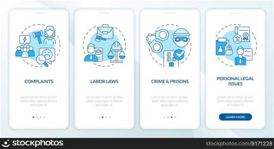 Laws and legal issues blue onboarding mobile app screen. Walkthrough 4 steps editable graphic instructions with linear concepts. UI, UX, GUI template. Myriad Pro-Bold, Regular fonts used. Laws and legal issues blue onboarding mobile app screen