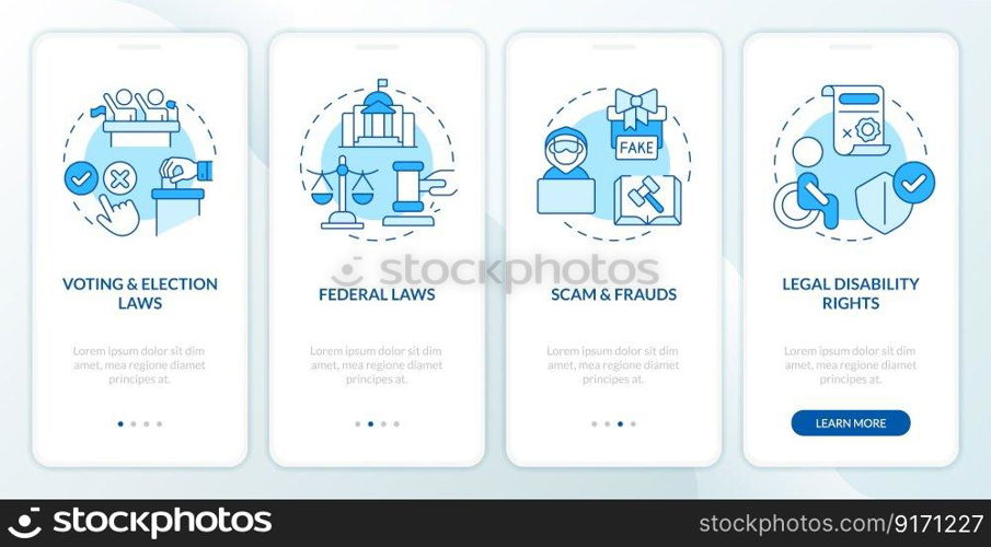 Laws and legal matters blue onboarding mobile app screen. Walkthrough 4 steps editable graphic instructions with linear concepts. UI, UX, GUI template. Myriad Pro-Bold, Regular fonts used. Laws and legal matters blue onboarding mobile app screen