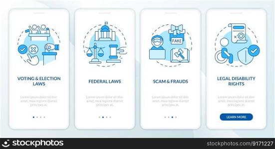 Laws and legal matters blue onboarding mobile app screen. Walkthrough 4 steps editable graphic instructions with linear concepts. UI, UX, GUI template. Myriad Pro-Bold, Regular fonts used. Laws and legal matters blue onboarding mobile app screen
