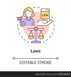 Laws in society concept icon. Government engagement. Justice regulation at court, legal rules abstract idea thin line illustration. Vector isolated outline color drawing. Editable stroke. Laws in society concept icon