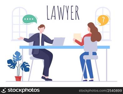 Lawyer, Attorney and Justice with Laws, Scales, Buildings, Book or Wooden Judge Hammer to Consultant in Flat Cartoon Illustration
