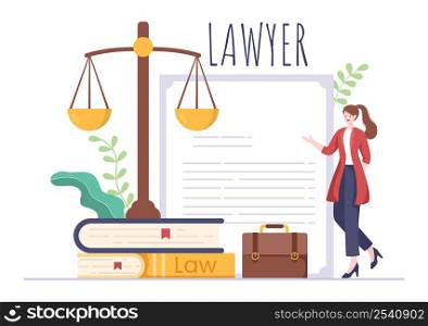 Lawyer, Attorney and Justice with Laws, Scales, Buildings, Book or Wooden Judge Hammer to Consultant in Flat Cartoon Illustration