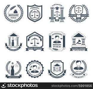 Lawyer Black White Logo Set. Lawyer black white logo set with notary public and law office symbols flat isolated vector illustration