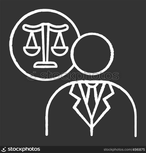 Lawyer chalk white icon on black background. Attorney. Advocate. Legal representative. Courthouse. Legislature, law enforcement. Justice. Legal assistance. Isolated vector chalkboard illustration
