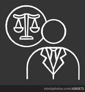 Lawyer chalk white icon on black background. Attorney. Advocate. Legal representative. Courthouse. Legislature, law enforcement. Justice. Legal assistance. Isolated vector chalkboard illustration