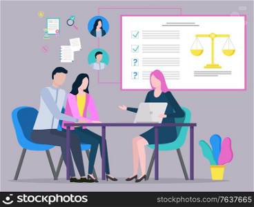 Lawyer discussing with clients, judge consultation, legal advice, plan of strategy. People communication with laptop, legislation and paperwork vector. Lawyer and Client, Judge Consultation, Plan Vector