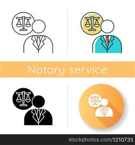 Lawyer icon. Attorney. Advocate. Legal representative. Trial. Courthouse. Legislature, law enforcement. Justice. Legal assistance. Linear black and RGB color styles. Isolated vector illustrations