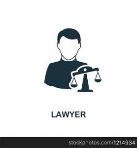 Lawyer icon. Monochrome style design from professions collection. UI. Pixel perfect simple pictogram lawyer icon. Web design, apps, software, print usage.. Lawyer icon. Monochrome style design from professions icon collection. UI. Pixel perfect simple pictogram lawyer icon. Web design, apps, software, print usage.