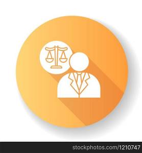 Lawyer orange flat design long shadow glyph icon. Attorney. Advocate. Legal representative. Courthouse. Legislature, law enforcement. Justice. Legal assistance. Silhouette RGB color illustration