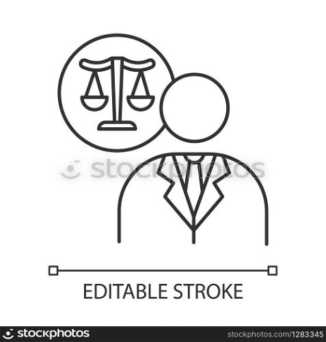 Lawyer pixel perfect linear icon. Attorney. Advocate. Representative. Legal assistance. Thin line customizable illustration. Contour symbol. Vector isolated outline drawing. Editable stroke