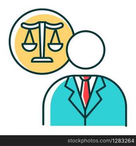 Lawyer RGB color icon. Attorney. Advocate. Legal representative. Trial. Courthouse. Legislature, law enforcement. Justice. Legal assistance. Isolated vector illustration