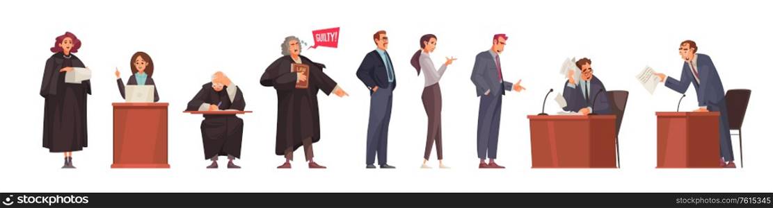 Lawyer set with isolated doodle style human characters of court session participants with attorneys and judges vector illustration