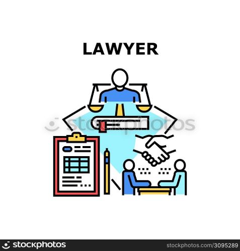Lawyer Support Vector Icon Concept. Lawyer Support And Client Consultation, Advising And Protection Of Confidential Information. Paperwork And Consulting Advocate Job Color Illustration. Lawyer Support Vector Concept Color Illustration