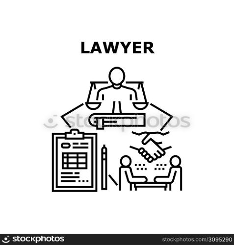 Lawyer Support Vector Icon Concept. Lawyer Support And Client Consultation, Advising And Protection Of Confidential Information. Paperwork And Consulting Advocate Job Black Illustration. Lawyer Support Vector Concept Black Illustration