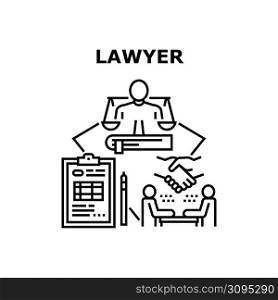 Lawyer Support Vector Icon Concept. Lawyer Support And Client Consultation, Advising And Protection Of Confidential Information. Paperwork And Consulting Advocate Job Black Illustration. Lawyer Support Vector Concept Black Illustration