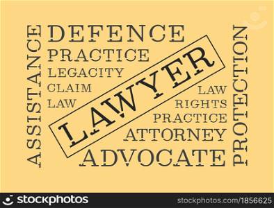Lawyer word collage. Advocate word. Vector decorative typography. Decorative typeset style. Latin script for headers. Trendy letters and numbers for graphic posters, banners, invitations texts. Lawyer word collage