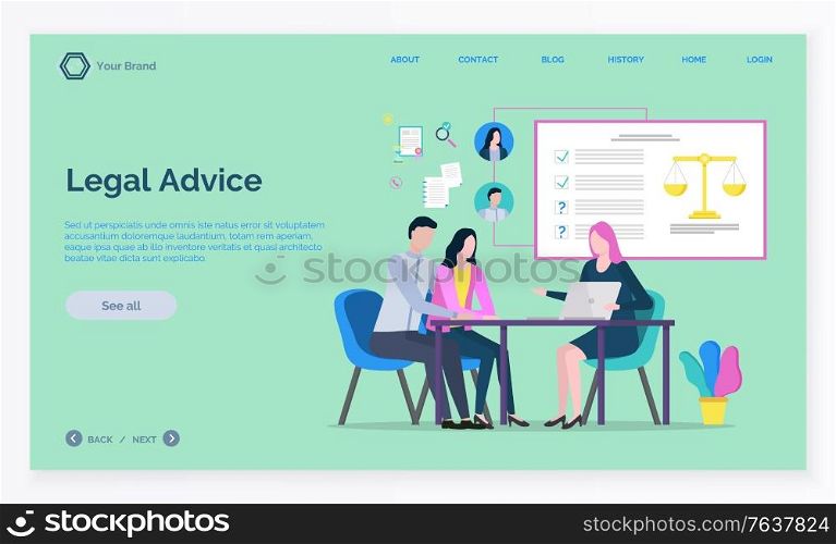 Lawyer working with laptop, advisor and clients discussing, legal advice. Consultation online, legislation service, woman attorney, court vector. App slider template, landing page, link flat style. Court Icon, Lawyer Consultation, Judge Vector