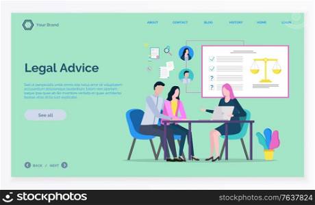 Lawyer working with laptop, advisor and clients discussing, legal advice. Consultation online, legislation service, woman attorney, court vector. App slider template, landing page, link flat style. Court Icon, Lawyer Consultation, Judge Vector