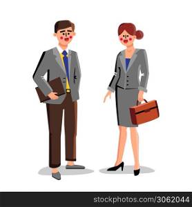 Lawyers Business Workers Man And Woman Vector. Couple People Lawyers Colleagues Wearing Suit And Holding Case. Characters Businesspeople Explaining Legal Situation Flat Cartoon Illustration. Lawyers Business Workers Man And Woman Vector