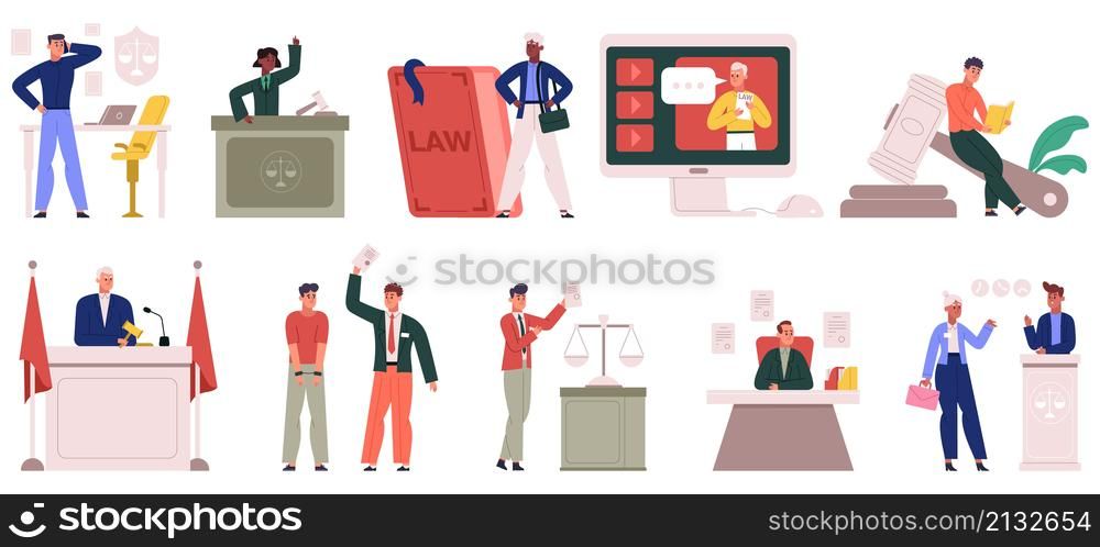 Lawyers characters, justice and law firm workers scenes. Advocate service, support and consulting, attorneys workflow vector illustration set. Law and justice workers. Lawyer and judgement. Lawyers characters, justice and law firm workers scenes. Advocate service, support and consulting, attorneys workflow vector illustration set. Law and justice workers