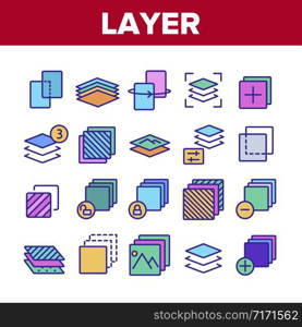 Layer Protect Material Collection Icons Set Vector Thin Line. Coating And Cover, Thickness And Stratum Layer, Picture And Padlock Concept Linear Pictograms. Color Contour Illustrations. Layer Protect Material Collection Icons Set Vector
