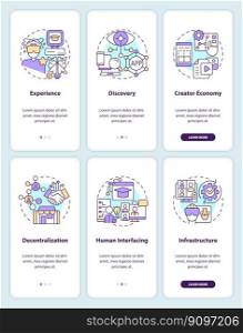 Layers of metaverse technology onboarding mobile app screens set. Walkthrough 3 steps editable graphic instructions with linear concepts. UI, UX, GUI template. Myriad Pro-Bold, Regular fonts used. Layers of metaverse technology onboarding mobile app screens set