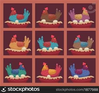 Laying hens. Chicken farm breeding hens birds sitting on shelves and making fresh eggs in farmhouse vector characters. Chicken farm agriculture, laying poultry on eggs illlustration. Laying hens. Chicken farm breeding hens birds sitting on shelves and making fresh eggs in farmhouse vector characters