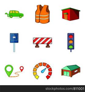 Laying of the road icons set. Cartoon set of 9 laying of the road vector icons for web isolated on white background. Laying of the road icons set, cartoon style
