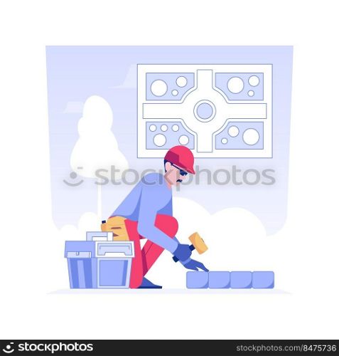 Laying paving isolated concept vector illustration. Contractor deals with garden sidewalks paving, landscaping, territory improvement, laying footpath, bricklayers job vector concept.. Laying paving isolated concept vector illustration.