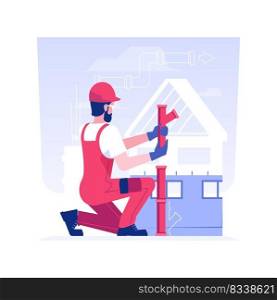 Laying pipes isolated concept vector illustration. Man deals with water supply lines, sewer lines, drainage system installation, excavation works, construction process vector concept.. Laying pipes isolated concept vector illustration.