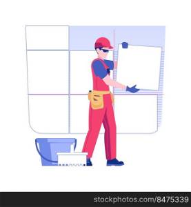 Laying wall tile isolated concept vector illustration. Repairman lays ceramic tiles in new private house, construction company service, walls renovation, apartment improvements vector concept.. Laying wall tile isolated concept vector illustration.
