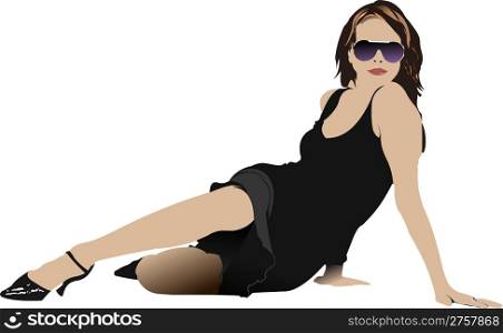 Laying woman in black dress. Vector illustration
