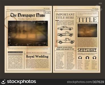 Layout design. Front page of vintage newspaper. Vector illustration with place for your text. Newspaper page, column of new article. Layout design. Front page of vintage newspaper. Vector illustration with place for your text
