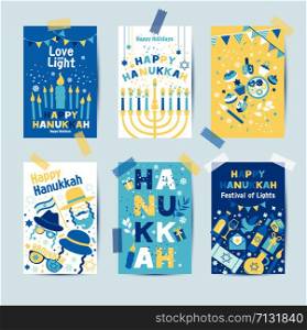 Layout for Festival of Lights invitation, Jewish greeting cards.. Set of colors six Hanukkah greeting cards with candles, dreidel, Jewish star, oil, menorah, donut, cupcake, confetti, letters. Layout for Festival of Lights invitation, Jewish greeting cards.