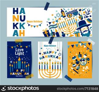 Layout for Festival of Lights invitation, Jewish greeting cards.. Set of colors four Hanukkah greeting cards and banner with candles, dreidel, Jewish star, oil, menorah, donut, cupcake, confetti, letters. Layout for Festival of Lights.