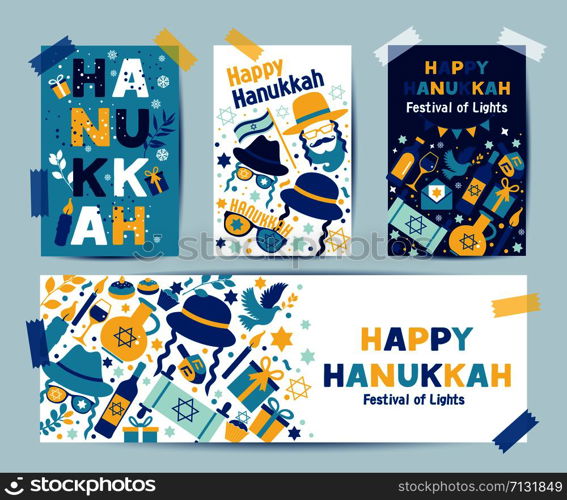 Layout for Festival of Lights invitation, Jewish greeting cards.. Set of colors four Hanukkah greeting cards with candles, dreidel, Jewish star, oil, menorah, donut, cupcake, confetti, letters. Layout for Festival of Lights invitation, Jewish greeting cards.