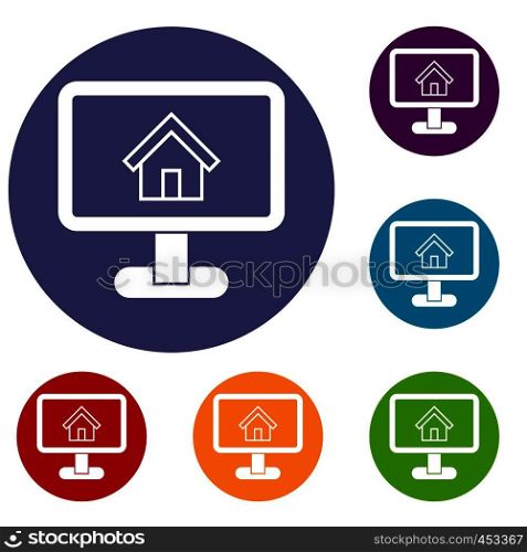 Layout of house icons set in flat circle reb, blue and green color for web. Layout of house icons set