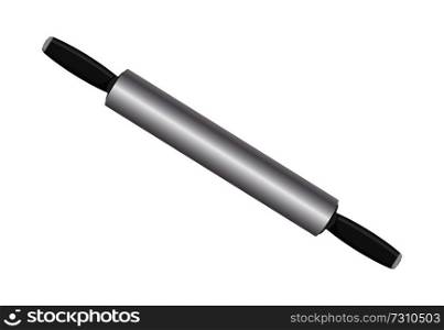 Layout of rolling pin poster vector illustration of silver battledore with black handles, light reflections, simple sketch isolated on white backdrop. Layout of Rolling Pin Poster Vector Illustration