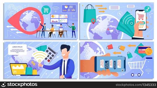 Layout Set design for Online Shopping and Digital Marketing. Analytics Teamwork and Business Strategy. Purchasing, Buying and Paying via Internet. Cartoon People Characters. Vector Flat Illustration. Online Shopping and Marketing Layout Set Design