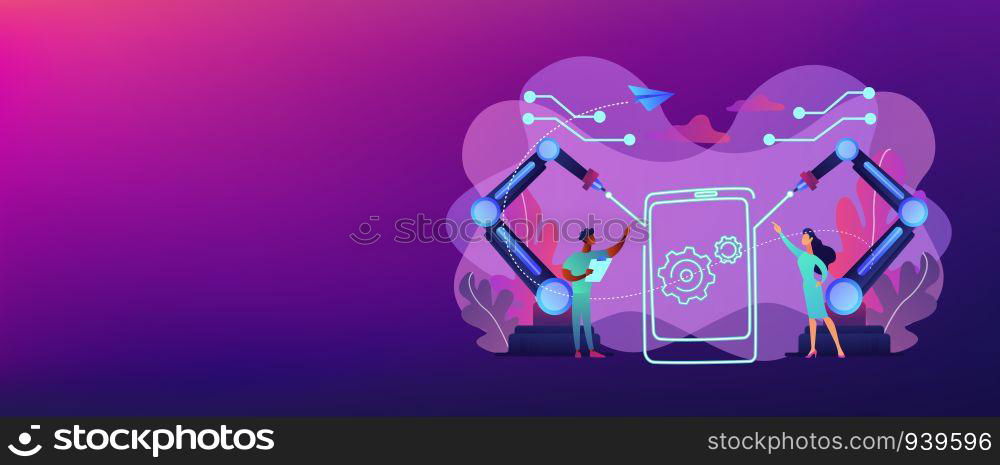 Lazer beams drawing outline of smartphone and engineers, tiny people. Laser technologies, optical communication systems, medical laser use concept. Header or footer banner template with copy space.. Laser technologies concept banner header.