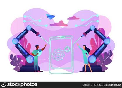 Lazer beams drawing outline of smartphone and engineers, tiny people. Laser technologies, optical communication systems, medical laser use concept. Bright vibrant violet vector isolated illustration. Laser technologies concept vector illustration.