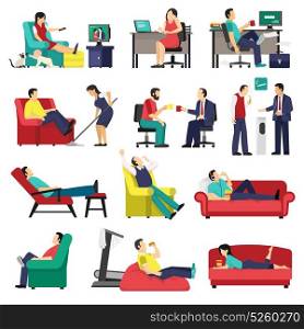 Lazy And Tired People Set. Set of lazy and tired people in office workplace and at home on sofa isolated vector illustration