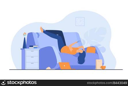 Lazy depressed woman resting in couch with smartphone after making mess at home. Vector illustration for depression, addiction, apathy, fatigue concept