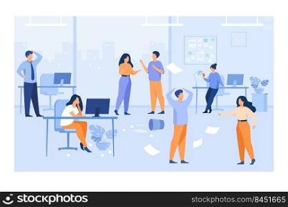 Lazy employees making mess and chaos at workplaces in office. Unorganized managers chatting, using computers at desk among flying papers. For chaotic work, teamwork problem concept