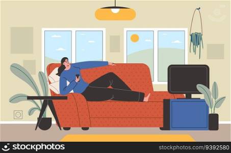 Lazy girl at home. Woman is lying on sofa. Inactive girl watching TV in living room. Rest on weekends. Sedentary lifestyle. Unmotivated apathetic person. Comfortable pose. Cozy couch. Vector concept. Lazy girl at home. Woman is lying on sofa. Inactive girl watching TV in living room. Rest on weekends. Sedentary lifestyle. Unmotivated apathetic person. Comfortable pose. Vector concept