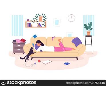 Lazy girl on sofa. Depressed woman in home couch, apathy person wearing pajamas hold smartphone, mess of clothes room, laziness apathetic apartment, flat vector. Illustration of lazy and depression. Lazy girl on sofa. Depressed woman in home couch, apathy person wearing pajamas hold smartphone, mess of clothes room, laziness apathetic rest apartment, flat garish vector