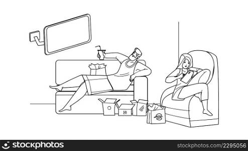 Lazy Man And Woman Resting Together Home Black Line Pencil Drawing Vector. Lazy Guy Sitting On Sofa, Eating Fast Food And Watching Tv, Girl Sit In Armchair And Using Smartphone. Characters Enjoyment. Lazy Man And Woman Resting Together Home Vector