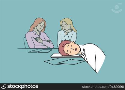 Lazy man sleeps on business meeting due to lack of ambition and motivation to work productively. Lazy guy and colleagues are sitting at table with documents in conference room waiting for boss to come. Lazy man sleeps on business meeting due to lack of ambition and motivation to work productively