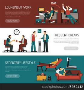 Lazy People Banners Set. Lazy people set of horizontal banners with lounging at work frequent breaks sitting lifestyle isolated vector illustration